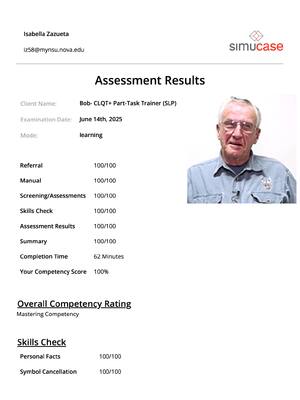 Preview image for Virtual Simucase: Bob CLQT+ Part-Task Trainer (SLP) | Complete transcript Assessement Results | Answered latest 2025/26 -Competency Score 100%.