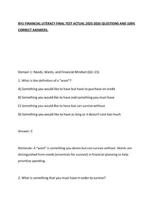 Preview of BYU FINANCIAL LITERACY FINAL TEST ACTUAL 2025-2026 QUESTIONS AND 100% CORRECT ANSWERS.