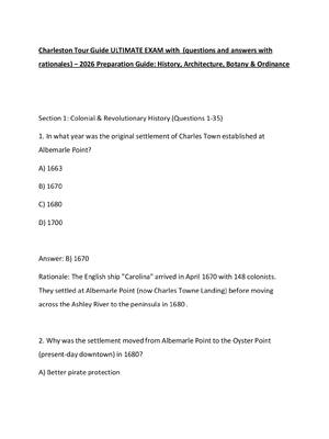 Preview of Charleston Tour Guide ULTIMATE EXAM with  (questions and answers with rationales) – 2026 P