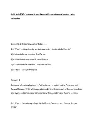 Preview of California [CA] Cemetery Broker Exam with questions and answers with rationales