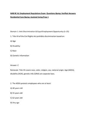 Preview of NAB RC AL Employment Regulations Exam  Questions &amp; Verified Answers  Residential Care