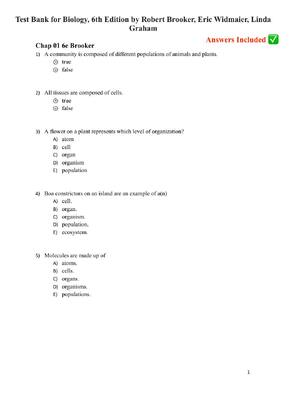 Preview of Test Bank for Biology, 6th Edition by Robert Brooker, Eric Widmaier, Linda  Graham