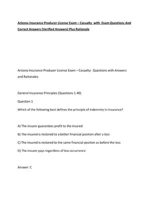 Preview of Arizona Insurance Producer License Exam – Casualty  with  Exam Questions And Correct Answe