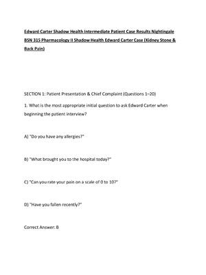 Preview of Edward Carter Shadow Health Intermediate Patient Case Results Nightingale BSN 315 Pharmaco
