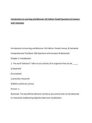 Preview of Introduction to Learning and Behavior 5th Edition Powell Questions & Answers with rational