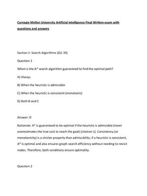 Preview of Carnegie Mellon University Artificial Intelligence Final Written exam with questions and a