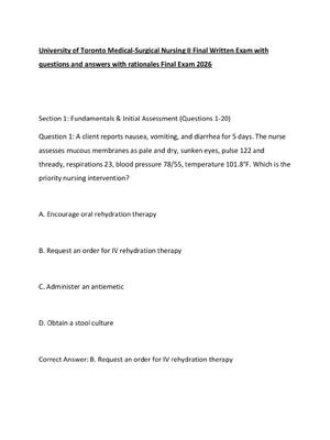 Preview image for University of Toronto Medical-Surgical Nursing II Final Written Exam with  questions and answers with rationales Final Exam 2026