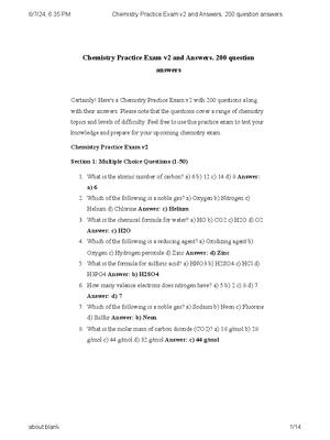 Preview of Chemistry Practice Exam v2 and Answers. 200 question answers A+ Latest