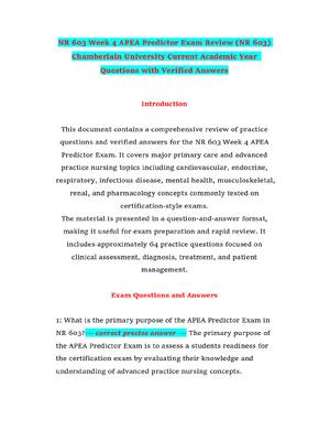 Preview of NR 603 Week 4 APEA Predictor Exam Review (NR 603) Chamberlain University Current Academic Year  Questions with Verified Answers