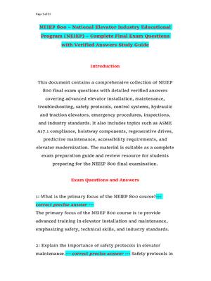 Preview of NEIEP 800 – National Elevator Industry Educational Program (NEIEP) – Complete Final Exam Questions with Verified Answers Study Guide