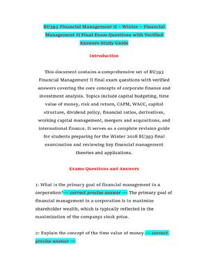 Preview of BU393 Financial Management II – Winter – Financial Management II Final Exam Questions with Verified Answers Study Guide