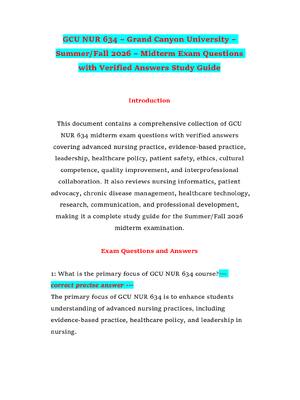 Preview of GCU NUR 634 – Grand Canyon University – Summer/Fall 2026 – Midterm Exam Questions with Verified Answers Study Guide