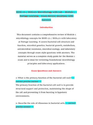 Preview of BIOD 171 / BIOL271 Microbiology with Lab – Module 1 – Portage Learning – Exam Review Quest