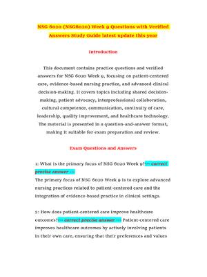 Preview of NSG 6020 (NSG6020) Week 9 Questions with Verified Answers Study Guide latest update this y