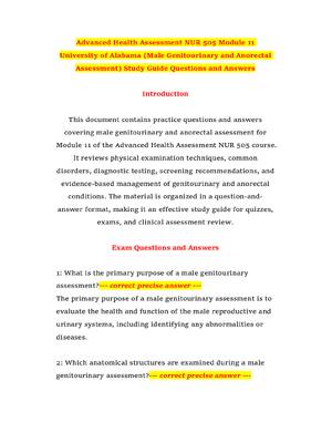 Preview of Advanced Health Assessment NUR 505 Module 11 University of Alabama (Male Genitourinary and
