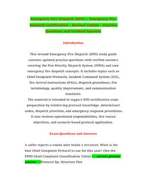 Preview of Emergency Fire Dispatch (EFD) – Emergency Fire Dispatch Certification – Revised Update – Practice Questions and Verified Answers