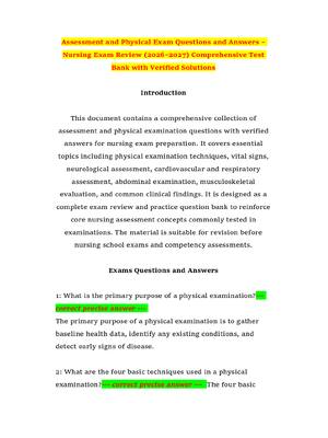 Preview of Assessment and Physical Exam Questions and Answers – Nursing Exam Review (2026–2027) Compr