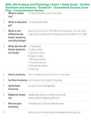 Preview of BIOL 220 Anatomy and Physiology I Exam 1 Study Guide - Verified Questions and Answers - Gr