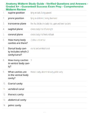 Preview of Anatomy Midterm Study Guide - Verified Questions and Answers - Graded A+ - Guaranteed Succ