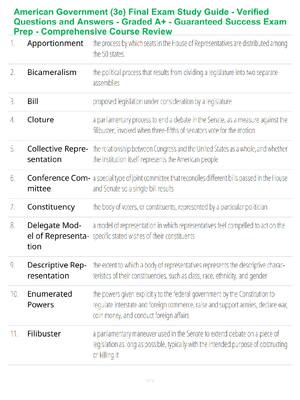 Preview of American Government (3e) Final Exam Study Guide - Verified Questions and Answers - Graded