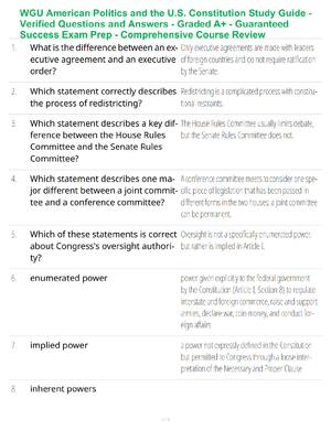 Preview of WGU American Politics and the U.S. Constitution Study Guide - Verified Questions and Answe