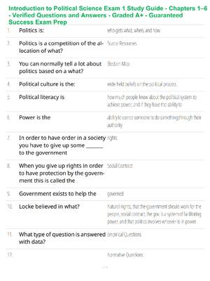 Preview of Introduction to Political Science Exam 1 Study Guide - Chapters 1–6 - Verified Questions a
