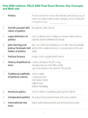 Preview of POLS 2000 Midterm and Final Exam Review - Key Concepts and Methods - Verified Questions an