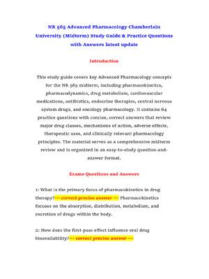 Preview of NR 565 Advanced Pharmacology Chamberlain University (Midterm) Study Guide & Practice Quest