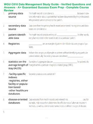 Preview of WGU C810 Data Management Study Guide - Verified Questions and Answers - A+ Guaranteed Succ