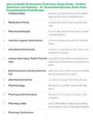 Preview of Intro to Health Professions Final Exam Study Guide - Verified Questions and Answers - A+ G