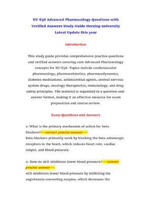 Preview of NU 636 Advanced Pharmacology Questions with Verified Answers Study Guide Herzing universit