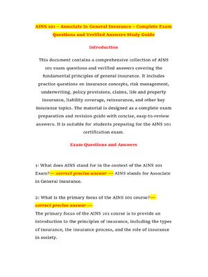Preview of AINS 101 – Associate in General Insurance – Complete Exam Questions and Verified Answers S