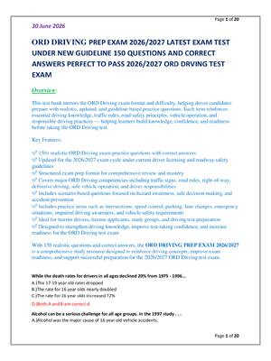 Preview of ORD DRIVING PREP EXAM 2026/2027 LATEST EXAM TEST  UNDER NEW GUIDELINE 150 QUESTIONS AND CORRECT  ANSWERS PERFECT TO PASS 2026/2027 ORD DRVING TEST  EXAM