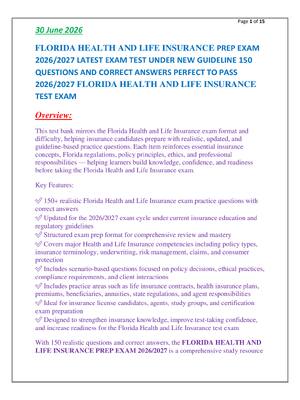 Preview of FLORIDA HEALTH AND LIFE INSURANCE PREP EXAM  2026/2027 LATEST EXAM TEST UNDER NEW GUIDELINE 150  QUESTIONS AND CORRECT ANSWERS PERFECT TO PASS  2026/2027 FLORIDA HEALTH AND LIFE INSURANCE  TEST EXAM
