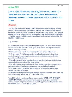 Preview of NACE 1 PN-RN PREP EXAM 2026/2027 LATEST EXAM TEST  UNDER NEW GUIDELINE 280 QUESTIONS AND C