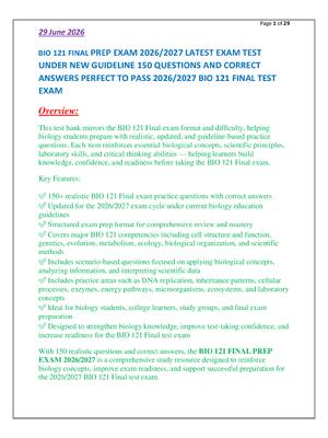 Preview of BIO 121 FINAL PREP EXAM 2026/2027 LATEST EXAM TEST  UNDER NEW GUIDELINE 150 QUESTIONS AND CORRECT  ANSWERS PERFECT TO PASS 2026/2027 BIO 121 FINAL TEST  EXAM