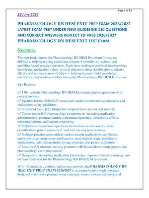 Preview of PHARMACOLOGY RN HESI EXIT PREP EXAM 2026/2027  LATEST EXAM TEST UNDER NEW GUIDELINE 110 QU