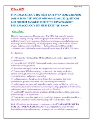 Preview of PHARMACOLOGY RN HESI EXIT PREP EXAM 2026/2027  LATEST EXAM TEST UNDER NEW GUIDELINE 180 QU