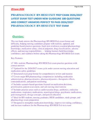 Preview of PHARMACOLOGY RN HESI EXIT PREP EXAM 2026/2027  LATEST EXAM TEST UNDER NEW GUIDELINE 180 QU