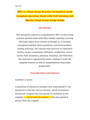 Preview of PHY 111 Final Exam Practice Evaluation 2026 Complete Question Bank with Full Solution Set