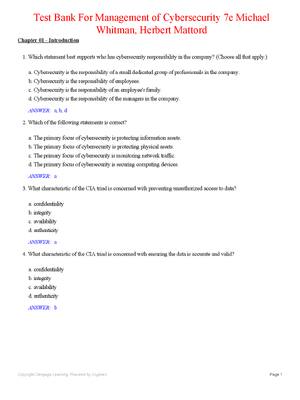 Preview of Test Bank Management of Cybersecurity 7th Edition By Michael Whitman, Herbert Mattord