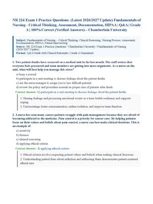 Preview of NR 224 Exam 1 Practice Questions: (Latest 2026/2027 Update) Fundamentals of Nursing - Critical Thinking, Assessment, Documentation, HIPAA | Q&amp;A | Grade A | 100% Correct (Verified Answers) – Chamberlain University