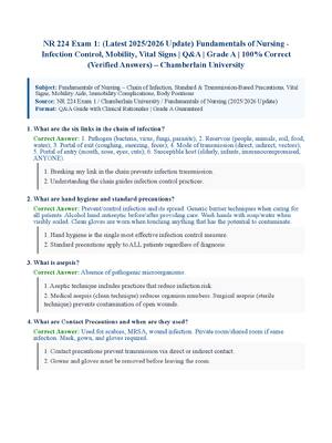 Preview of NR 224 Exam 1: (Latest 2025/2026 Update) Fundamentals of Nursing  Infection Control, Mobility, Vital Signs | Q&amp;A | Grade A | 100% Correct (Verified Answers) – Chamberlain University