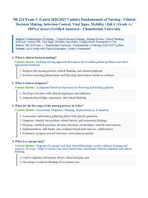 Preview of NR 224 Exam 1: (Latest 2026/2027 Update) Fundamentals of Nursing - Clinical Decision Making, Infection Control, Vital Signs, Mobility | Q&amp;A | Grade A | 100% Correct (Verified Answers) – Chamberlain University