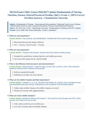 Preview of NR 224 Exam 2 2026: (Latest 2026/2027 Update) Fundamentals of Nursing  Nutrition, Enemas, Enteral/Parenteral Feeding | Q&amp;A | Grade A | 100% Correct (Verified Answers) – Chamberlain University