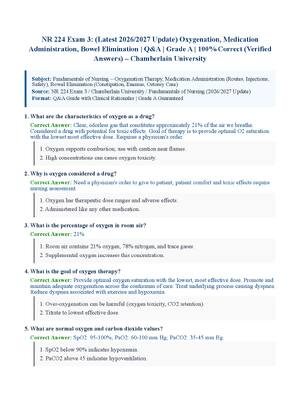 Preview of NR 224 Exam 3: (Latest 2026/2027 Update) Oxygenation, Medication Administration, Bowel Elimination | Q&amp;A | Grade A | 100% Correct (Verified Answers) – Chamberlain University