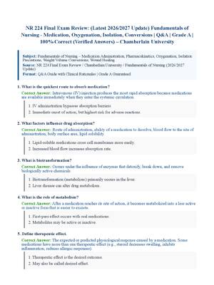 Preview of NR 224 Final Exam Review: (Latest 2026/2027 Update) Fundamentals of Nursing - Medication, Oxygenation, Isolation, Conversions | Q&amp;A | Grade A | 100% Correct (Verified Answers) – Chamberlain University