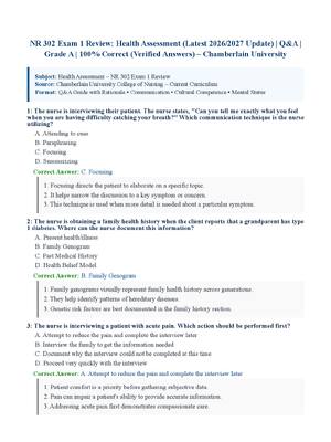 Preview of NR 302 Exam 1 Review: Health Assessment (Latest 2026/2027 Update) | Q&amp;A | Grade A | 100% Correct (Verified Answers) – Chamberlain University