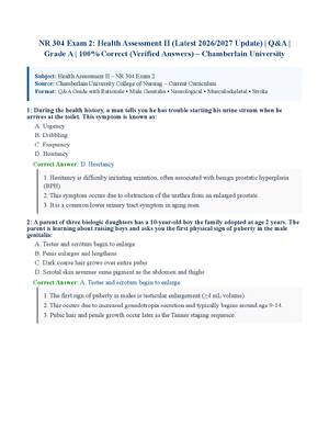 Preview of NR 304 Exam 2: Health Assessment II (Latest 2026/2027 Update) | Q&amp;A | Grade A | 100% Correct (Verified Answers) – Chamberlain University