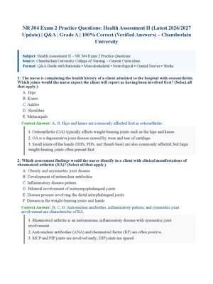 Preview of NR 304 Exam 2 Practice Questions: Health Assessment II (Latest 2026/2027 Update) | Q&amp;A | Grade A | 100% Correct (Verified Answers) – Chamberlain University
